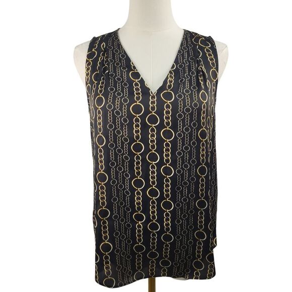 NEW Banana Republic X-Small Black Gold Tank Chain Design V-Neck Pleated Drapey - Picture 3 of 9